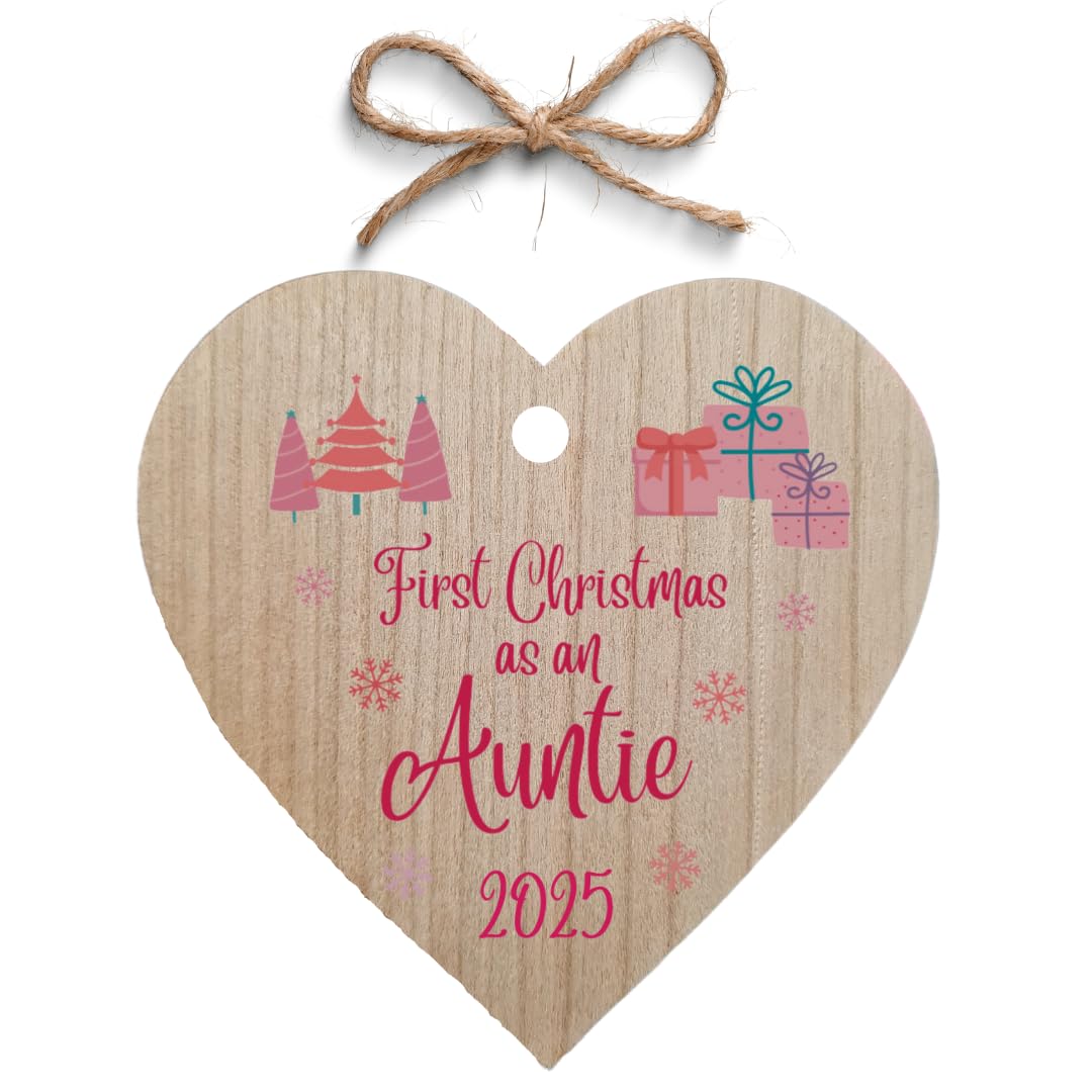 Second Ave First Christmas as an Auntie Cherry Wood Hanging Heart Christmas Xmas Tree Decoration Bauble