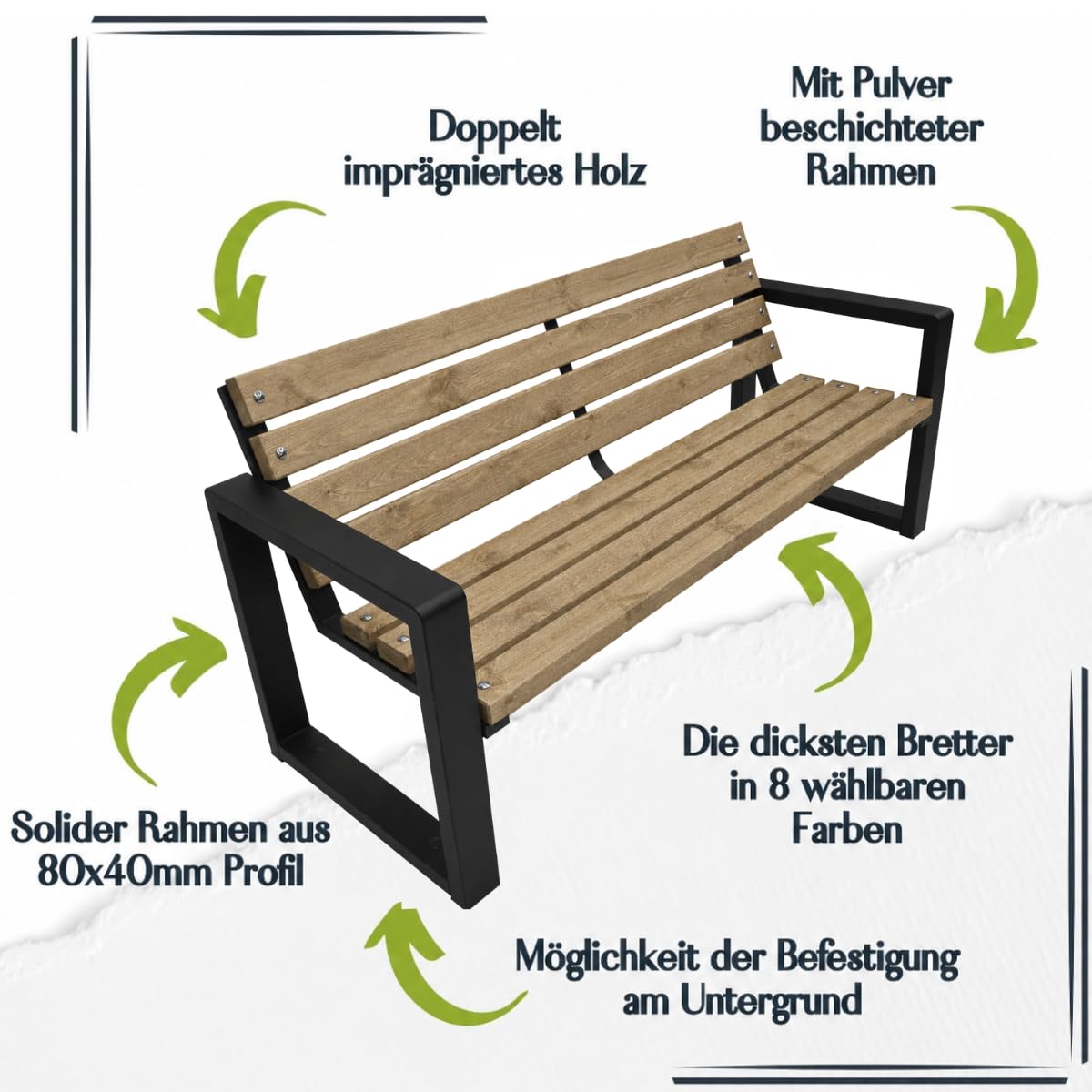 Gartenbank Holz mit Rückenlehne, 125 cm - Helle Eiche | Massives Fichtenholz & pulverbeschichteter Stahl, bis 500 kg, wetterfest, Sitzbank für Garten, Terrasse & Park, Grande