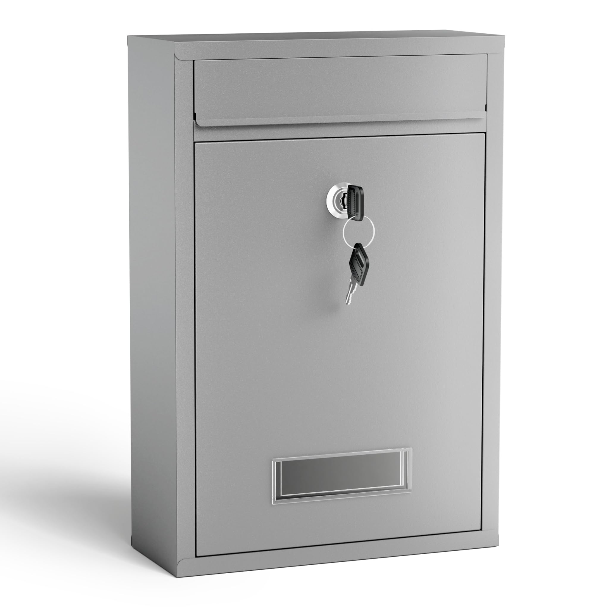 Wiltec Buzón V11 Gris Plata casilla de Correo de Pared de Acero con Recubrimiento en Polvo con Placa de identificación, Ranura Amplia para Cartas y 2 Llaves