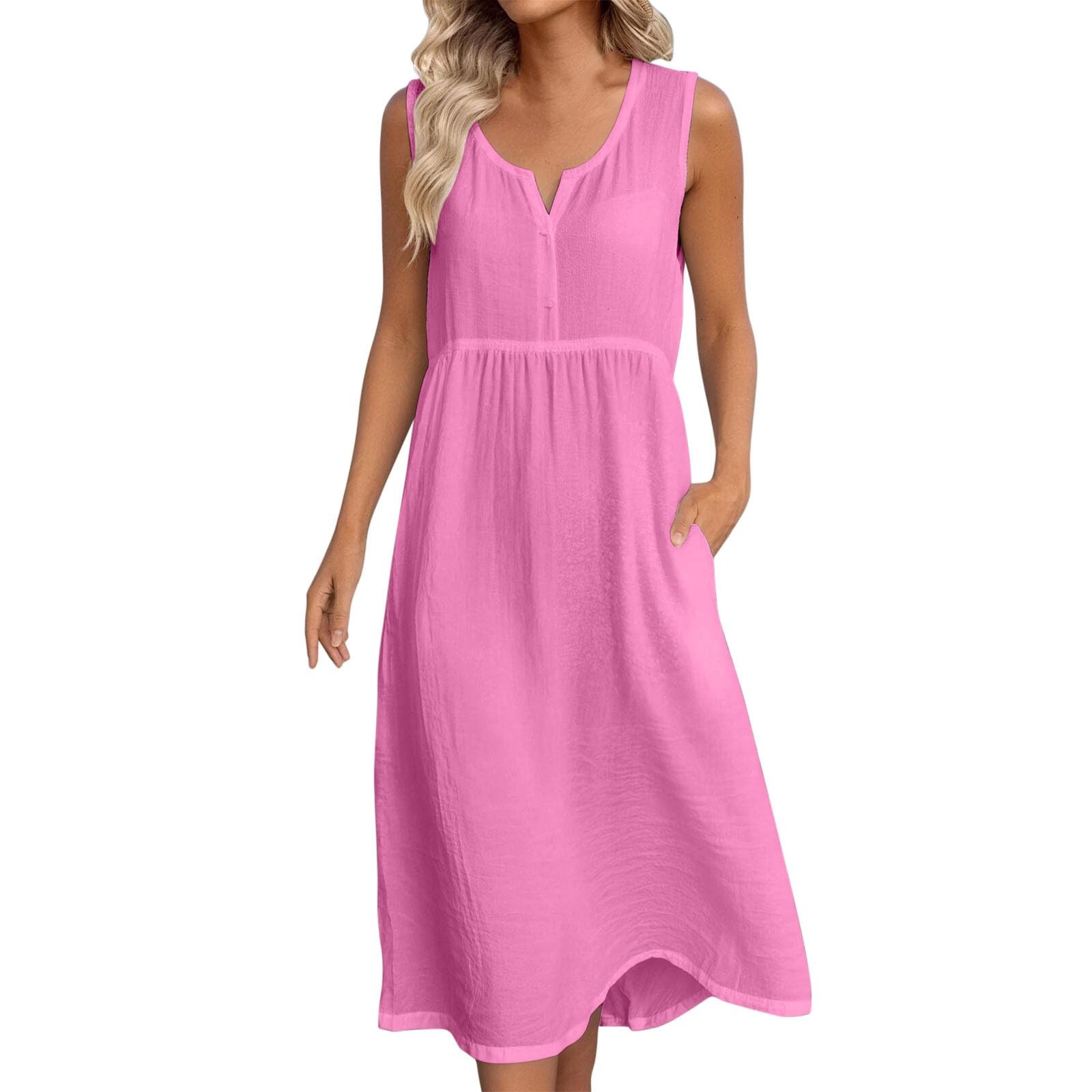 Frostluinai Womens Cotton Linen Midi Dresses Sleeveless Crewneck Empire Waist Loose Comfy Beach Casual Sundress — view 7