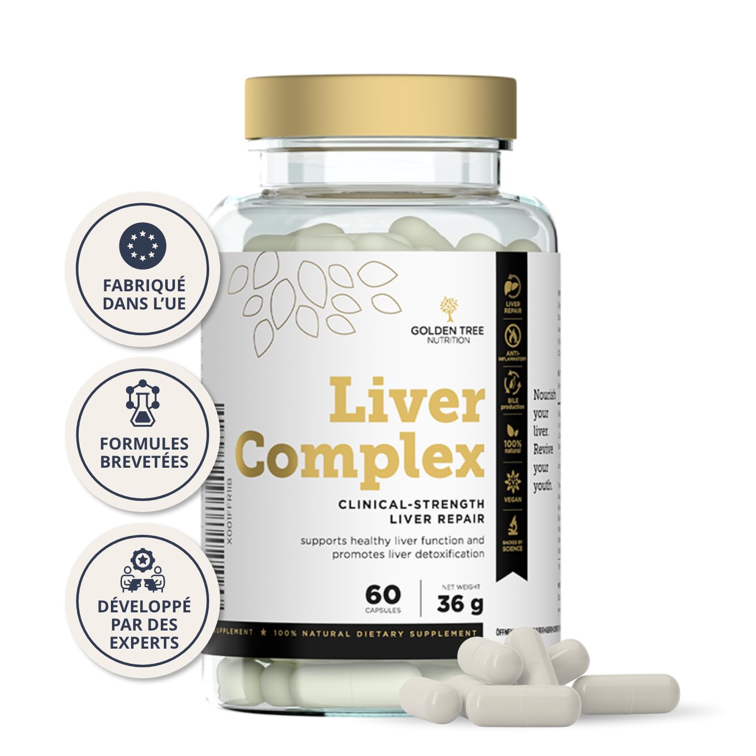 Golden Tree Liver Complex - Complément Alimentaire Herbal avec Chardon-Marie, Pissenlit, Artichaut, Curcuma, Choline, Vitamines B6 B12 D3 E et Poivre Noir - 60 Gélules