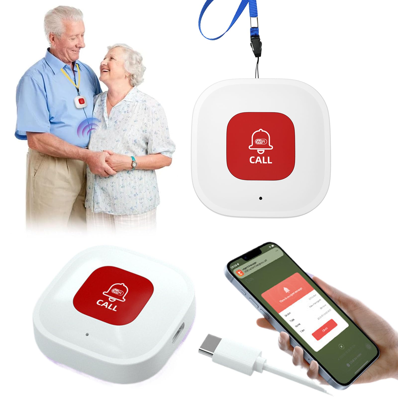Bouton d'urgence Smart pour Seniors WiFi, Bouton d'urgence SOS Personnel, Appel d'urgence Domestique WLAN, Compatible avec Tuya Smart/Smart Life/Alexa pour Patients âgés, Enfants