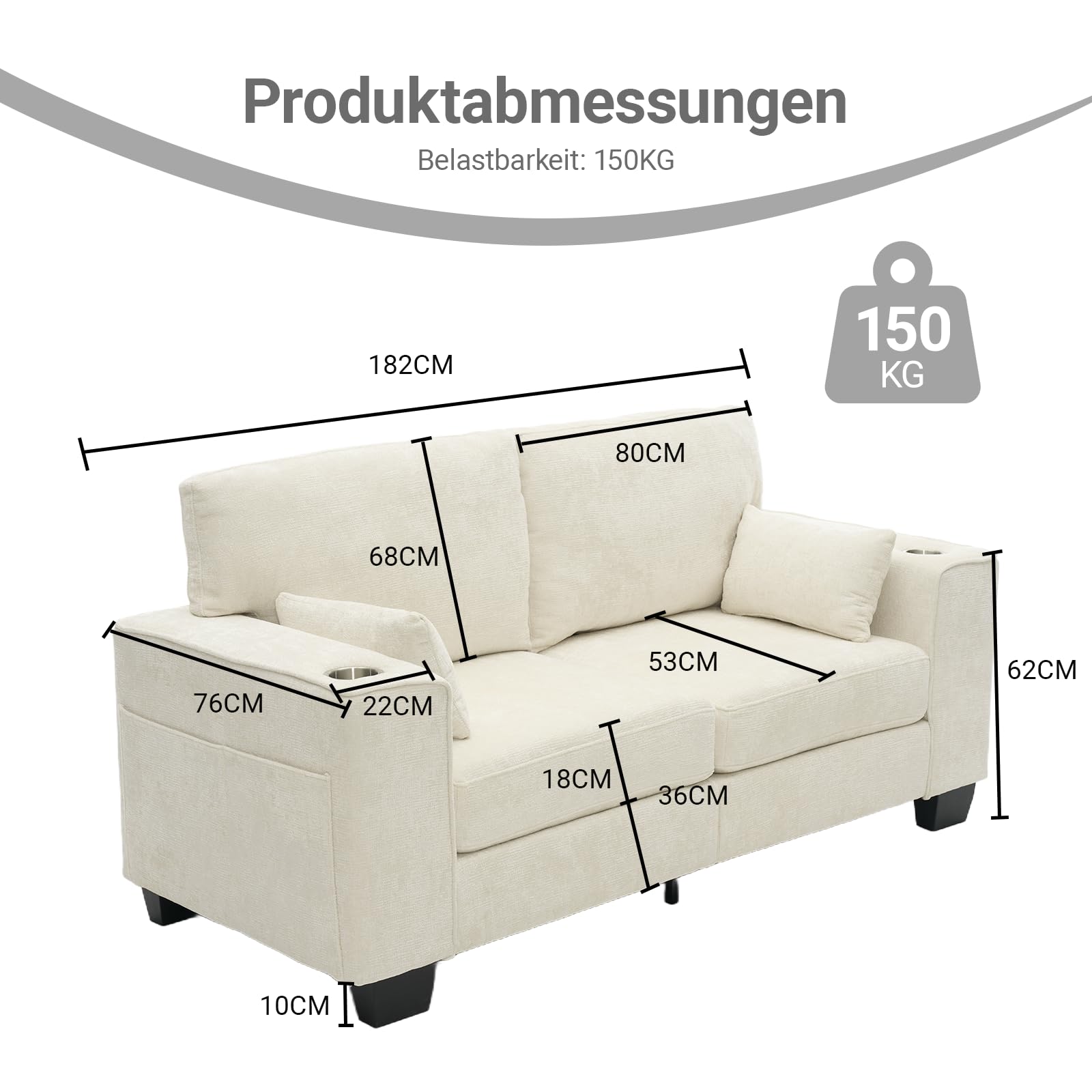 Sofá cómodo de 182 cm, moderno sofá de 2 plazas, sofá con función de dormir
