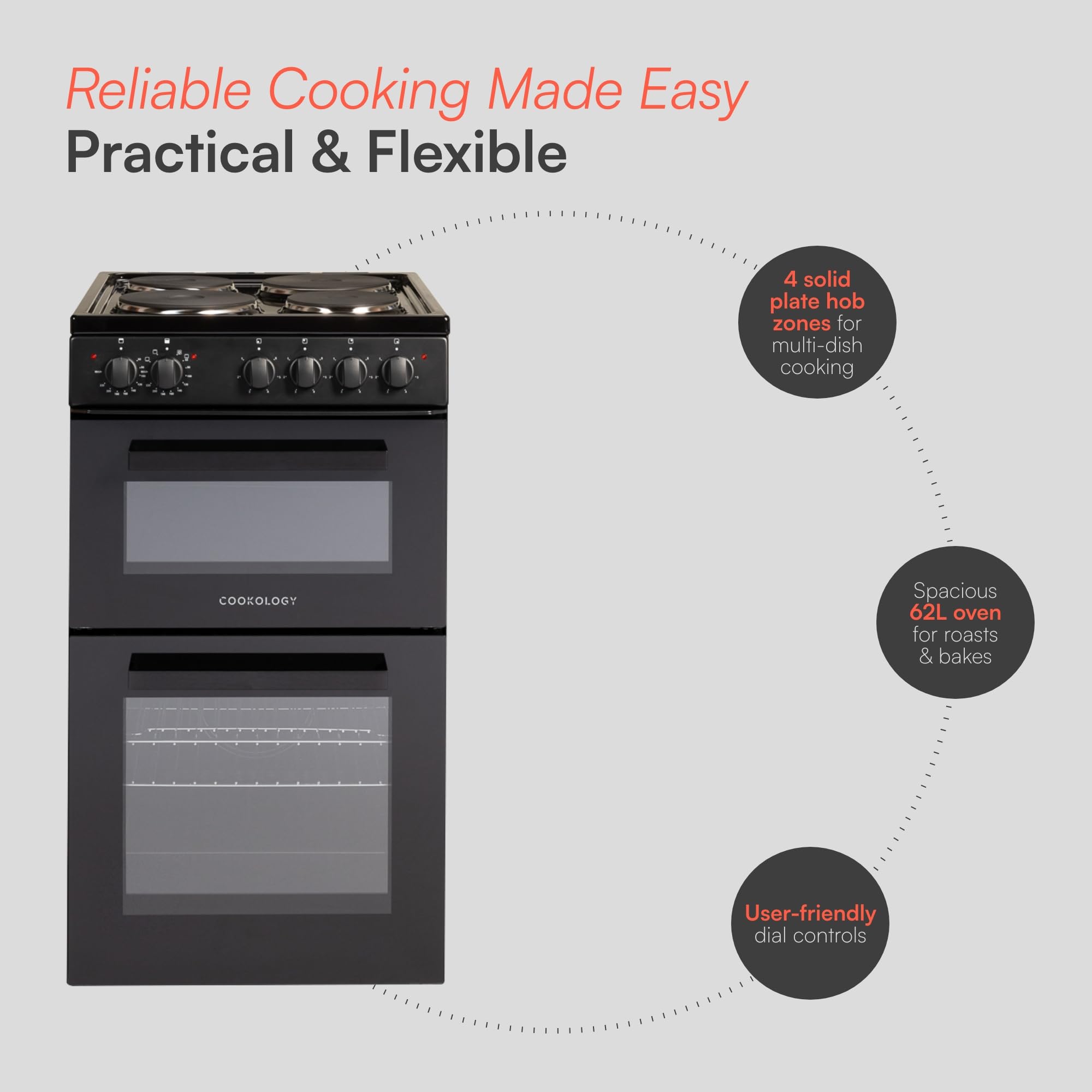 Cookology CFSPTC502BK 50cm Wide Freestanding Electric Twin Cavity Cooker, Combined 93 Litre Capacity with 4 Zone Solid Plate Top Hob Cooktop - in Black — view 3