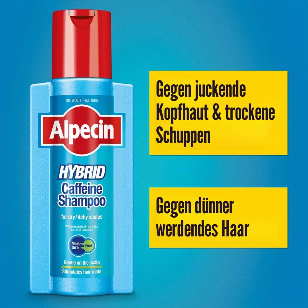 Alpecin Hybrid Shampoo 3x 250ml | Natürliches Haarwachstumsshampoo für empfindliche und trockene Kopfhaut | Energizer für kräftiges Haar | Haarpflege für Männer Made in Germany