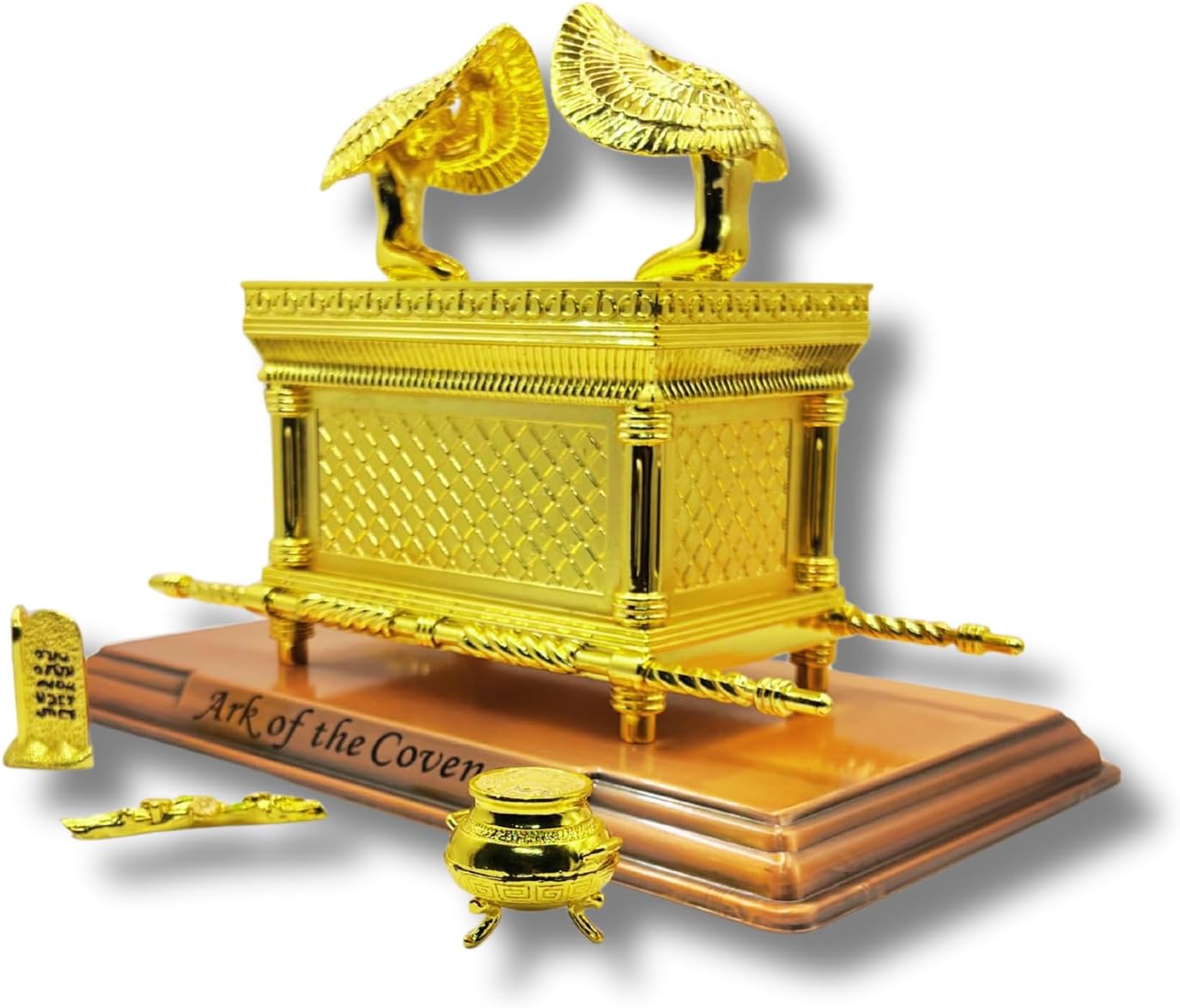 Gold Plated The Ark of The Covenant Figurine Model 11  x 6.5  x 8.5  with Contents - Aaron's Rod, Manna, Ten Commandments - Detailed Replica Tabletop Decor