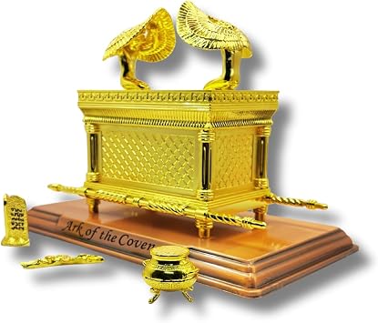 Gold Plated The Ark of The Covenant Figurine Model 11 x 6.5 x 8.5 with Contents - Aarons Rod, Manna, Ten Commandments - Detailed Replica Tabletop Decor