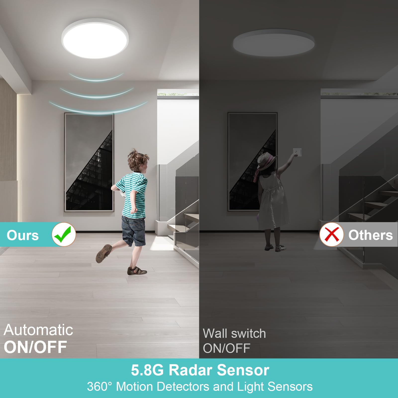 Oraymin Lampa sufitowa LED z czujnikiem ruchu, 18 W, 1800 lm, lampa sufitowa LED z pilotem zdalnego sterowania, IP54, 4000 K, lampa z czujnikiem ruchu, do wewnątrz, na schody, do korytarza, piwnicy
