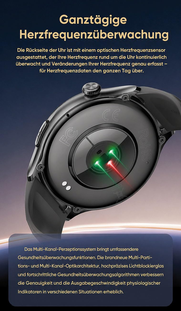 Newgen Medicals Smartwatch: Vitaluhr mit Bluetooth, EKG-Anzeige, Telefonfunktion, App, AMOLED,IP67 (Smartwatch Fitnessuhr, Damen Telefonfunktion)