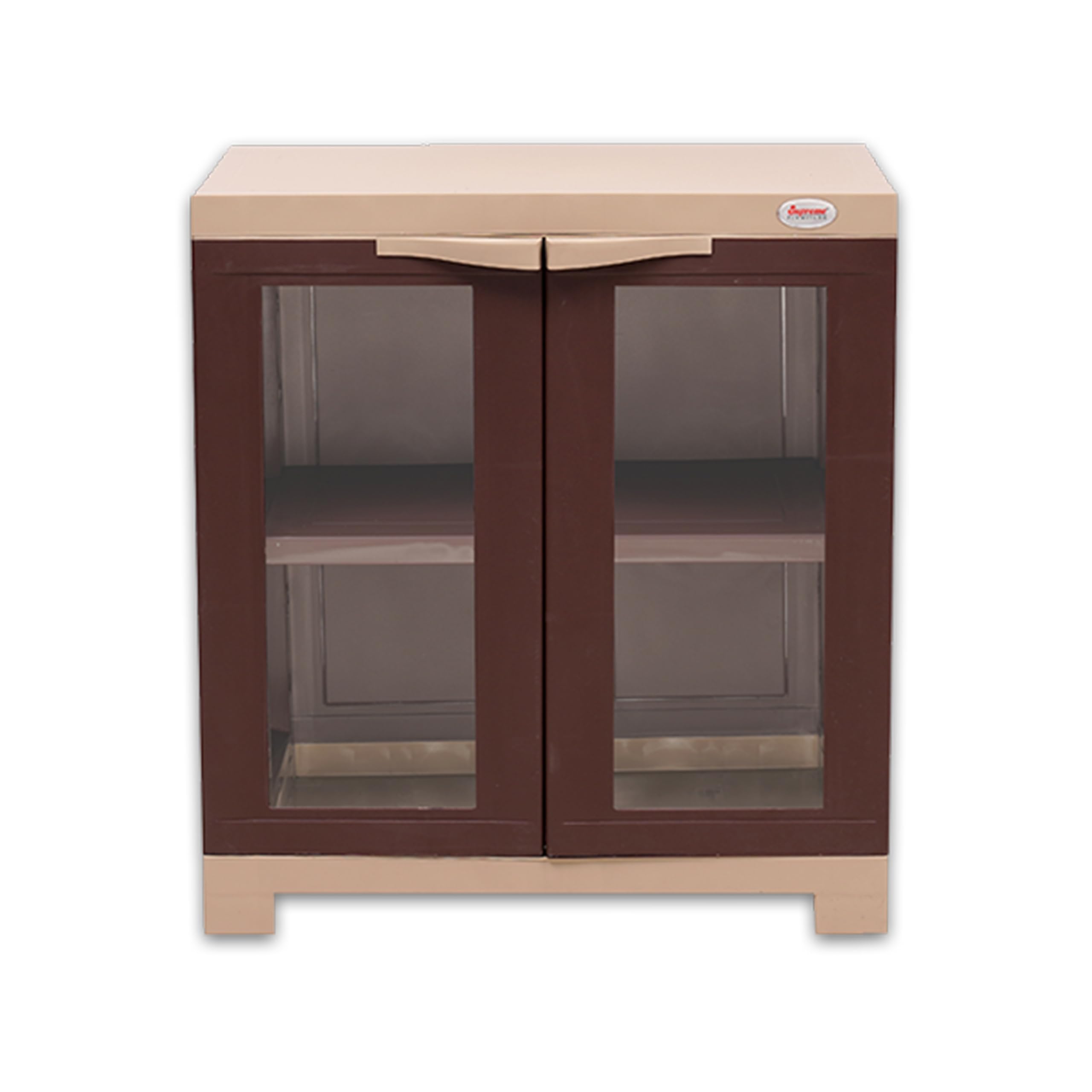 Fusion 01 FG Cabinet with Multipurpose with See-Thru Glass Panels Cupboard, Living Room and Kids(Small Size G.Brown/D.Beige), (DIY)
