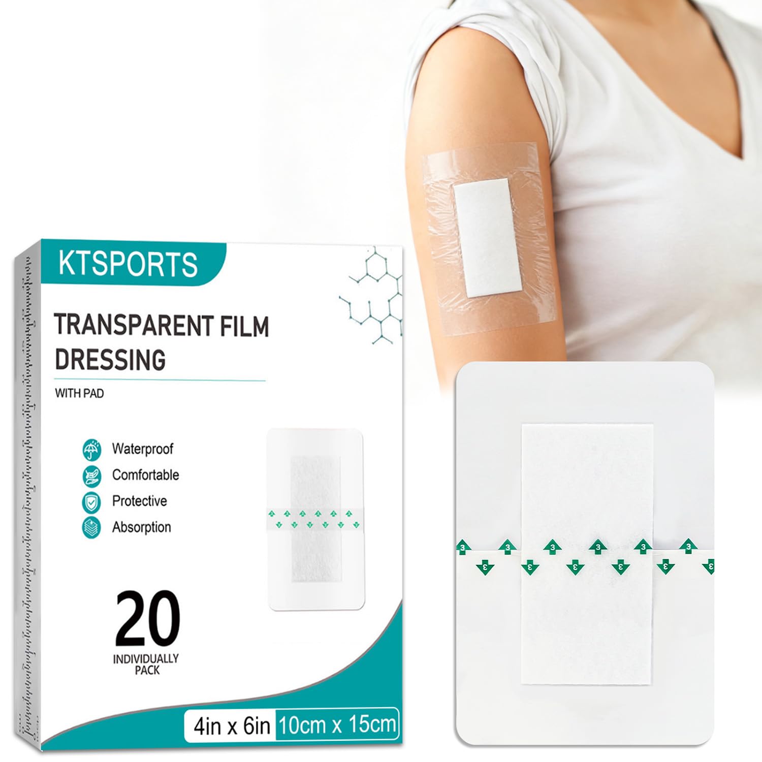 20Pcs Sterile Dressings for Wounds, 10x15cm Waterproof Stickers with Cotton Absorbent Pads, Suitable for Swimming, Shower, Tattoo Aftercare and Skin Protection