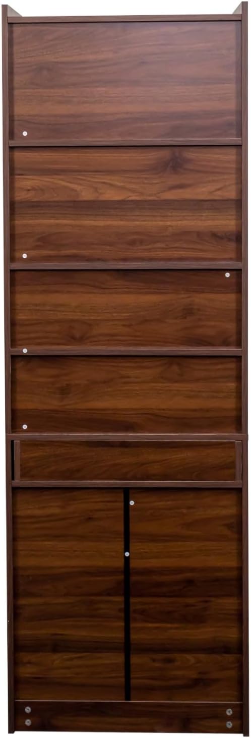 KEIKI Fold-Out Home Office Desks Writing Table with Glass Doors, Drawers, Bookshelf & Storage Shelves, Modern Wooden Convertible Workstation for Work, Study