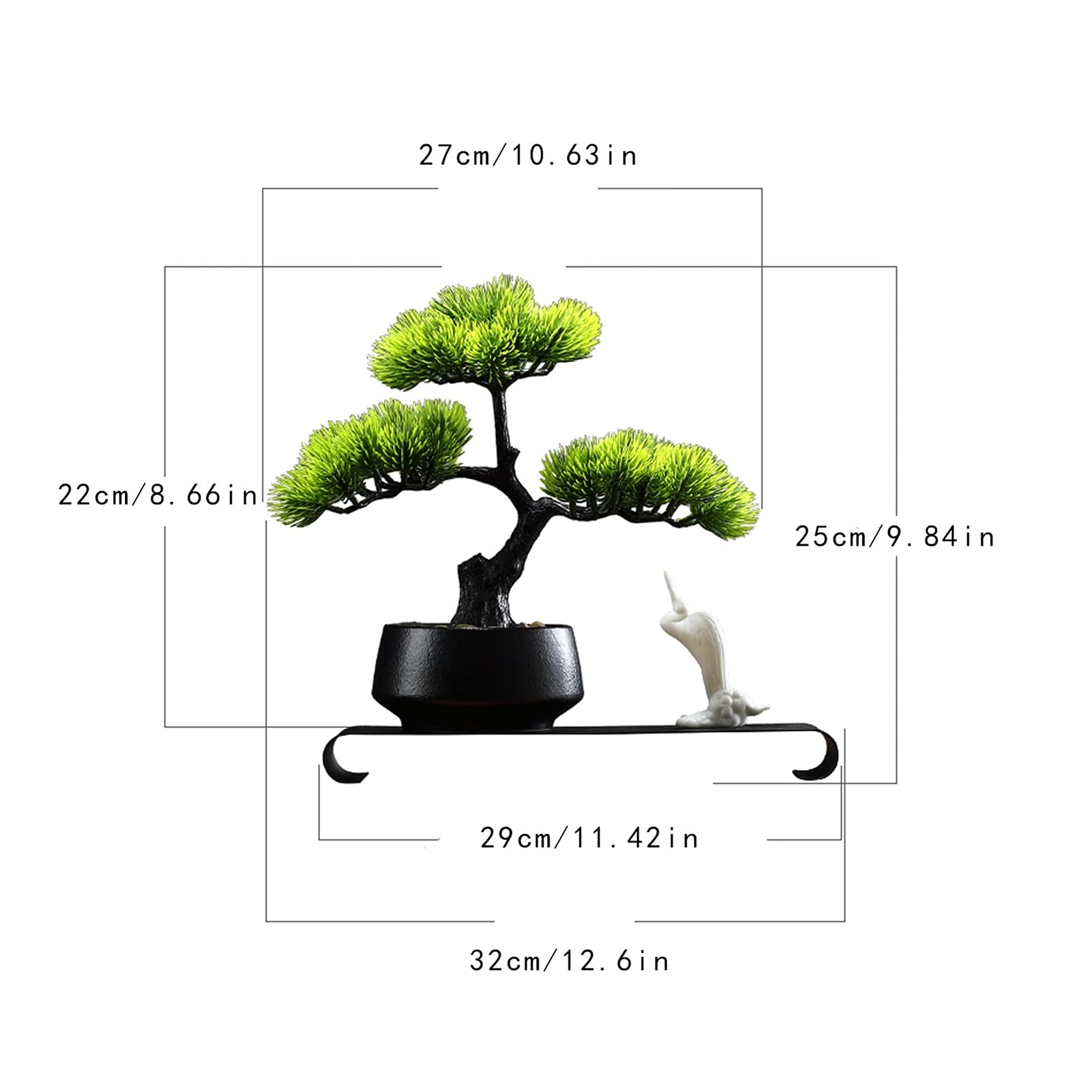 Bonsái Artificial de 23 cm (9 Pulgadas), Pino Artificial, Plantas Falsas, grulla Blanca, Estante Inferior, Cedro en Maceta de cerámica, Apto para Interiores/Exteriores, hogar u Oficina.