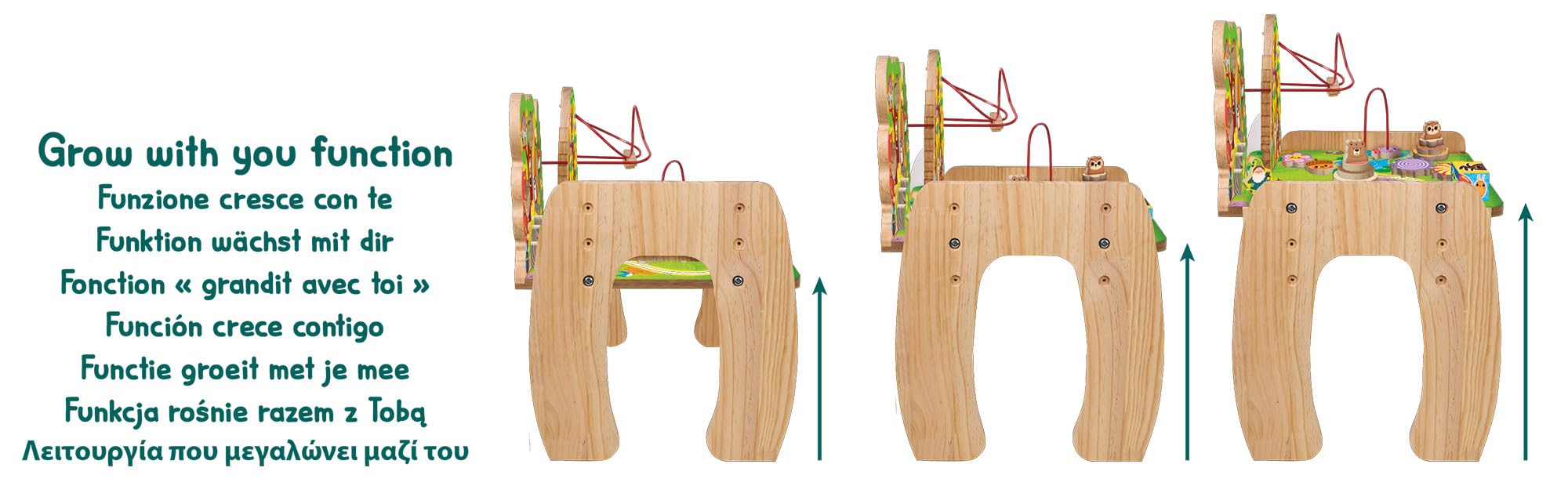 Lisciani - Montessori Mesa de Actividades evolutiva de Madera para niños de 1 a 4 años - Juego Educativo con Laberinto, Engranajes, Formas empotradas - Altura Regulable - Estimulación sensorial