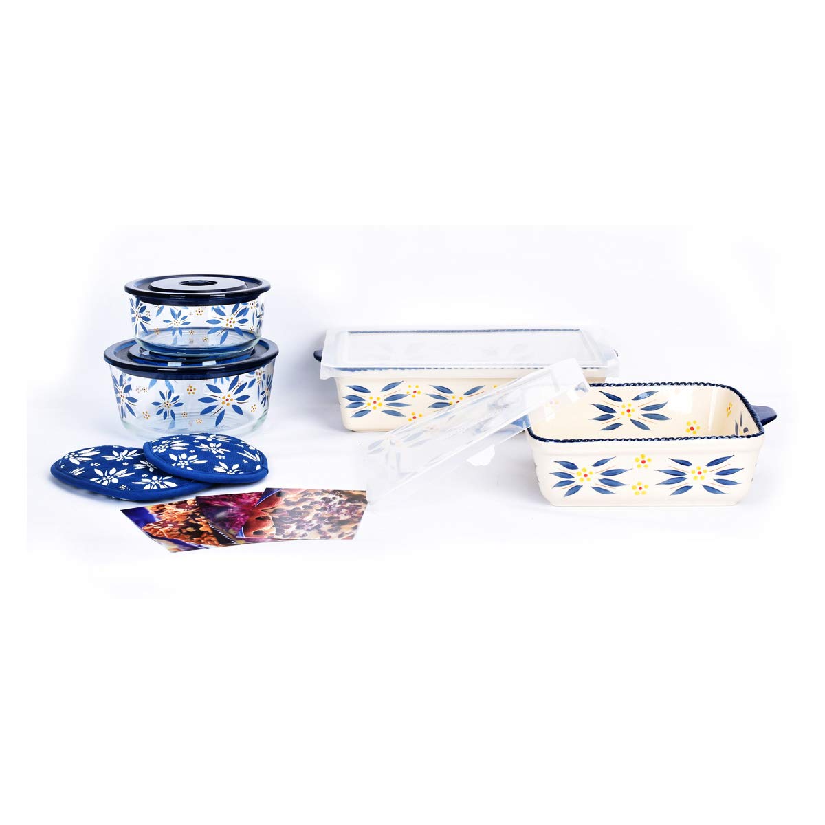 temp-tations® Old World All-In One Bakers Bundle - 7 Piece - Blue - Oven Microwave Freezer Refridgerator Safe Ceramic hand painted bakeware for baking serving kitchen cooking gift idea