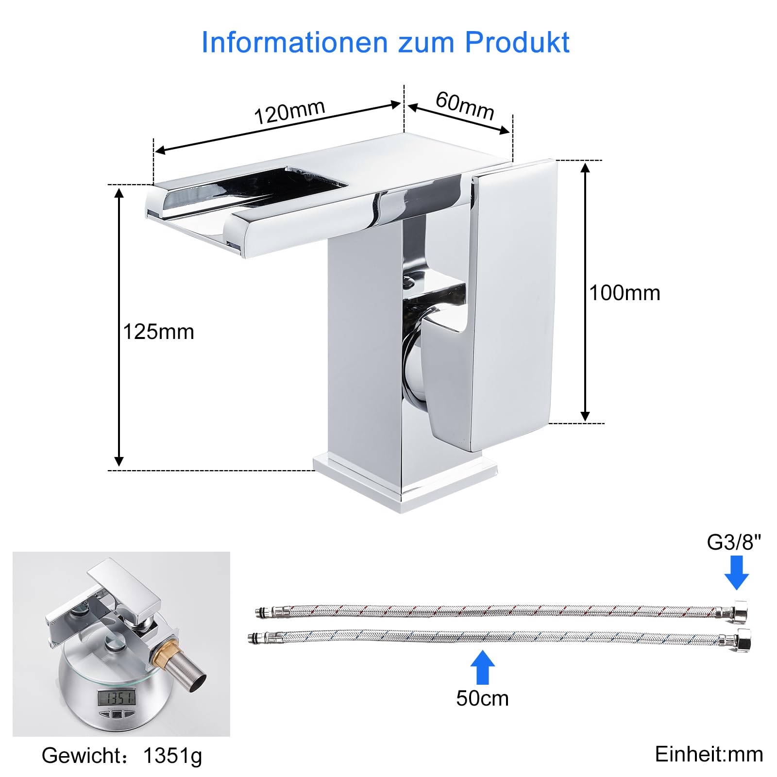 Bateria mieszakowa z 3 diodami LED, bateria jednouchwytowa, bateria łazienkowa, bateria umywalkowa, wodospad, armatura łazienkowa, zimna i ciepła woda, chromowana