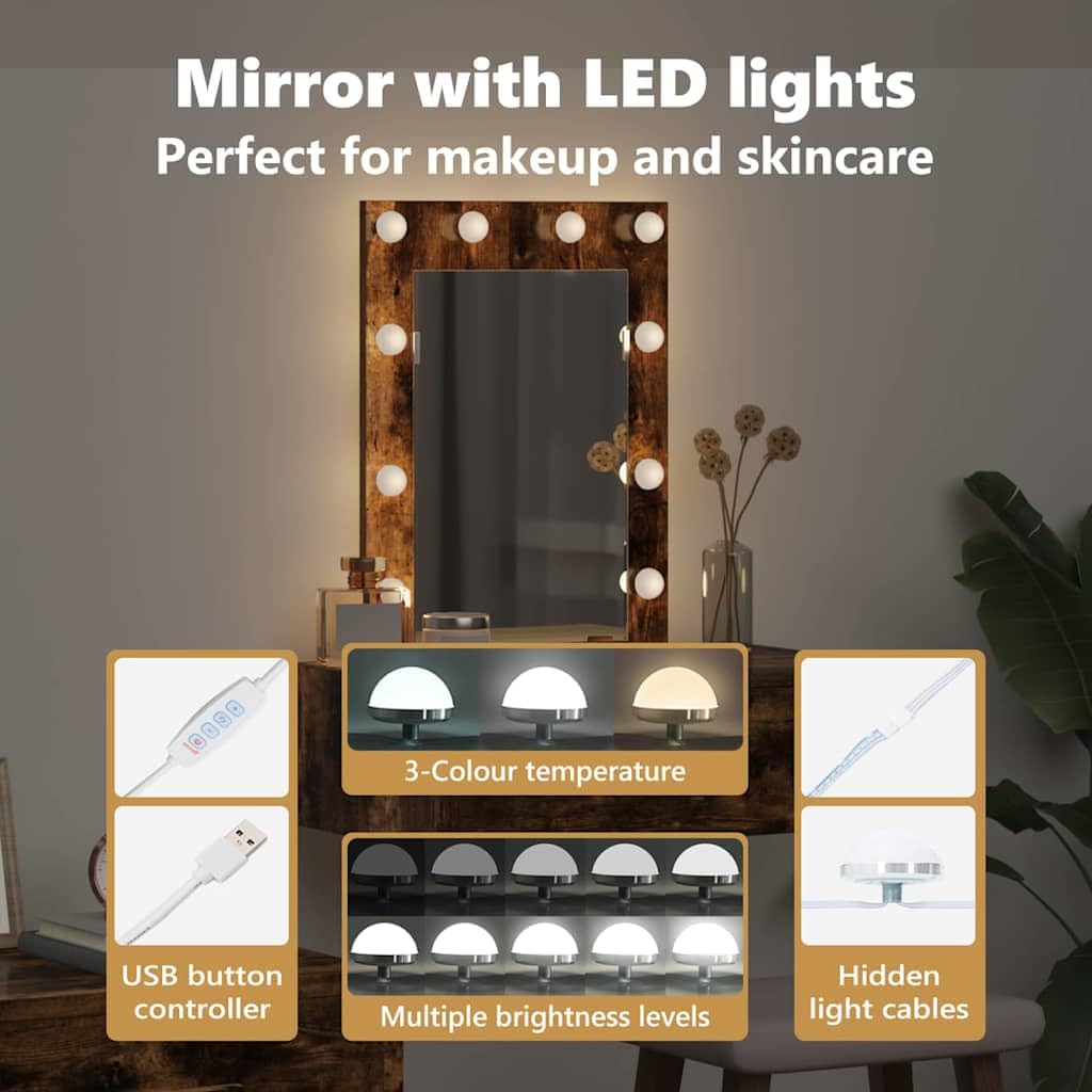 vidaXL Schminktisch Braun 60 x 40 x 70 cm Holzwerkstoff | Super für kleine Räume, Die eingebauten Lichter machen die Pflege einfacher, Mit einer großen Schublade für dein Make-up
