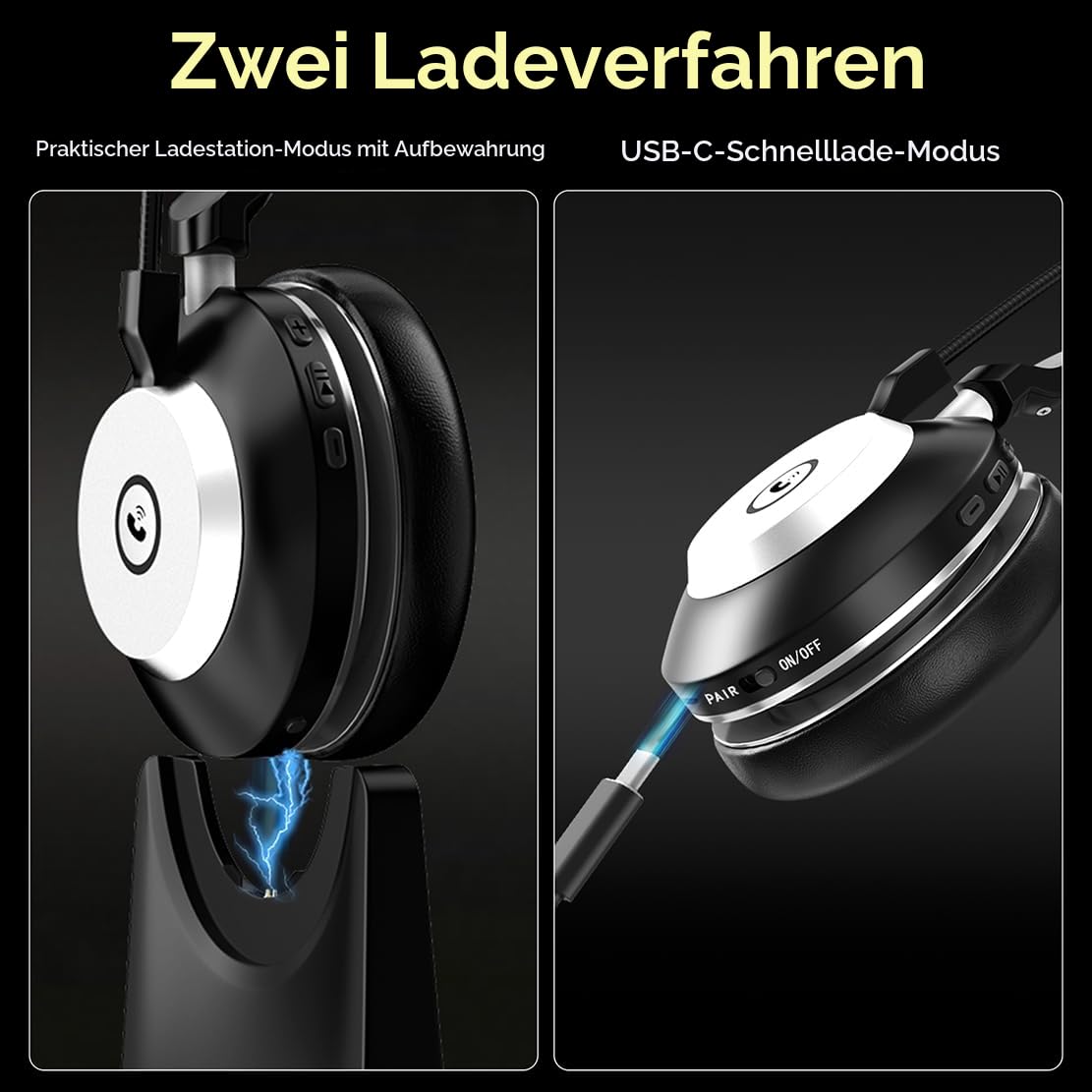 Wantek Bluetooth-Headset V5.2 mit Rauschunterdrückungs-Mikrofon, USB-Dongle, Ladestation für PC