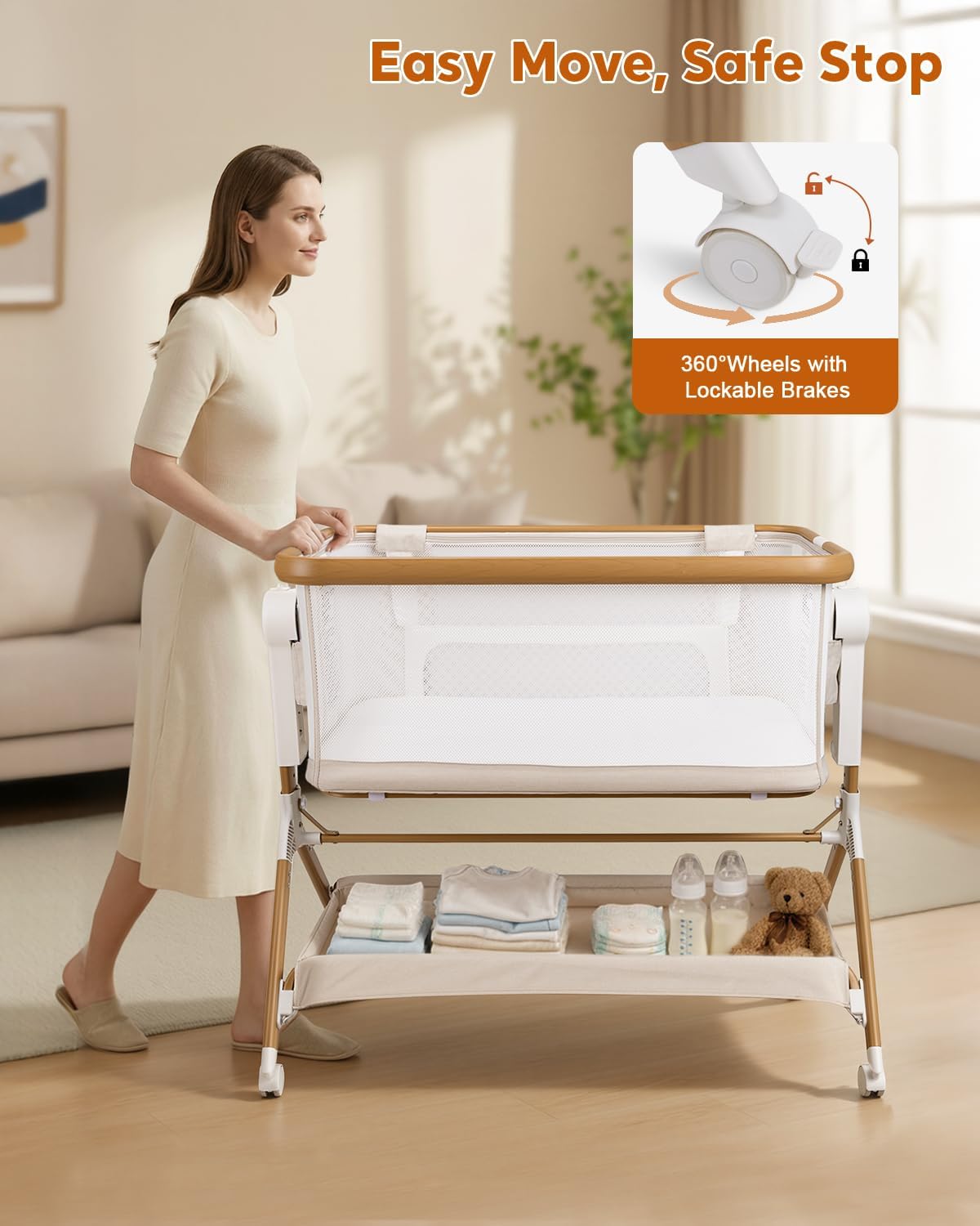 3 in 1 Baby Bassinet, Rocking Bassinet, Bedside Sleeper for Baby, Breathable Full-Mesh, 6 Height Adjustable, Comfy Mattress, Lockable Wheels, Storage Basket, Stable and Cozy Crib for Newborn Infant