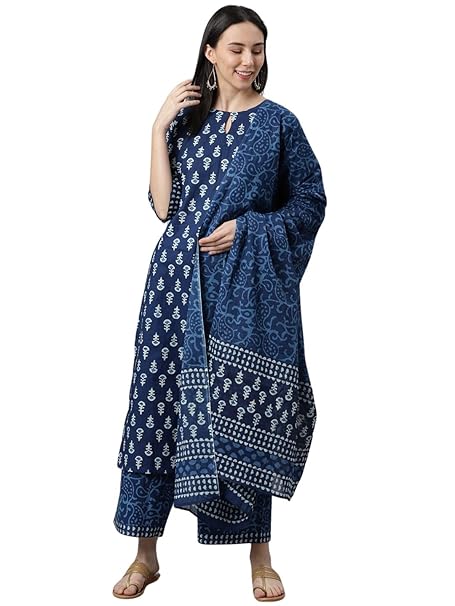 Amayra Women's Cotton Printed Straight Kurta with Palazzos and Dupatta Set