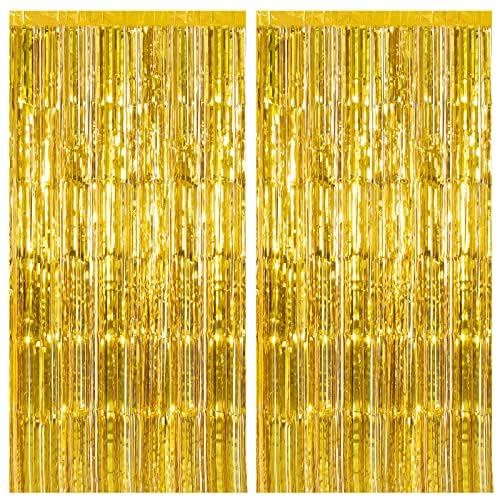 Image of 2 Pack Gold Fringe Curtain Backdrop Tinsel Streamers Birthday Party Decorations Christmas Photo Booth Backdrop Halloween New Year Graduation Baby Shower Theme Party Decorations