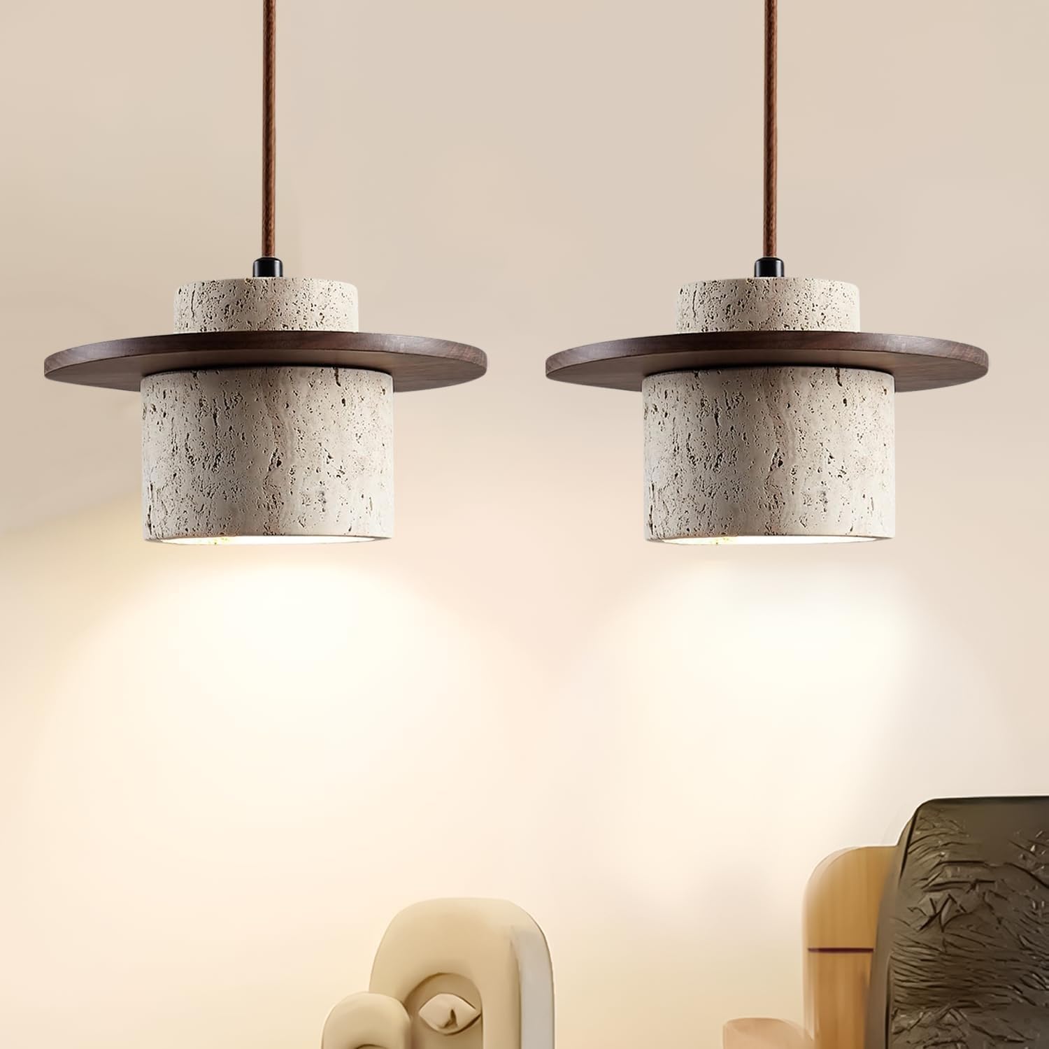 Stesulfr One Color Pendant Lighting Japanese Style Wabi Sabi Pendant Light E27 Nordic Marble Chandeliers Natural Stone Shade Simple Hanging Light Fixture For Dining Room Bedside Kitchen Island Hallway(2Pc)