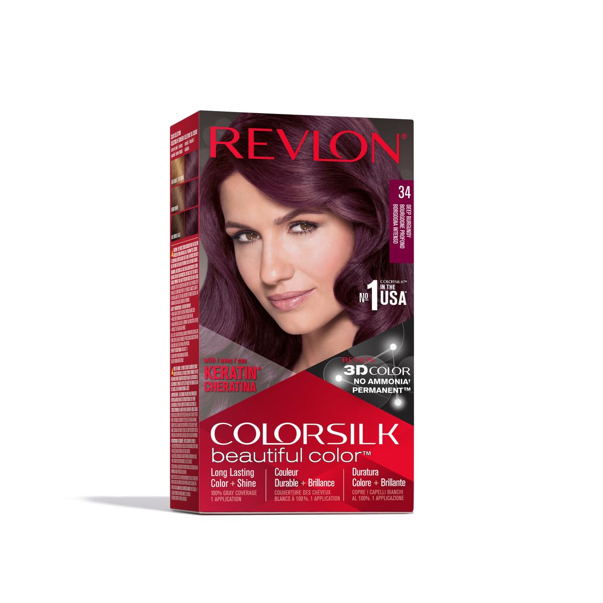Revlon Colorsilk Beautiful Color Coloration Permanente des Cheveux avec Technologie au Gel 3D et Kératine, Teinture avec Couvrance à 100% des Cheveux Blancs, 34 Bourgogne Foncé