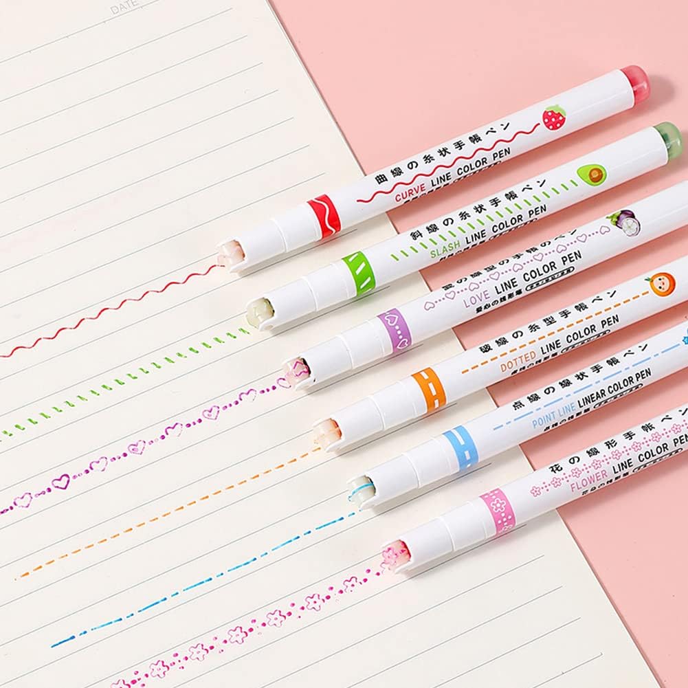 Curve Highlighter Pen Set, 6PCS Colored Curve Pens for Note Taking, Erasable Highlighter Markers Assorted Colors, Heart/Flower/Curve/Dotted Line/Slash/Dot
