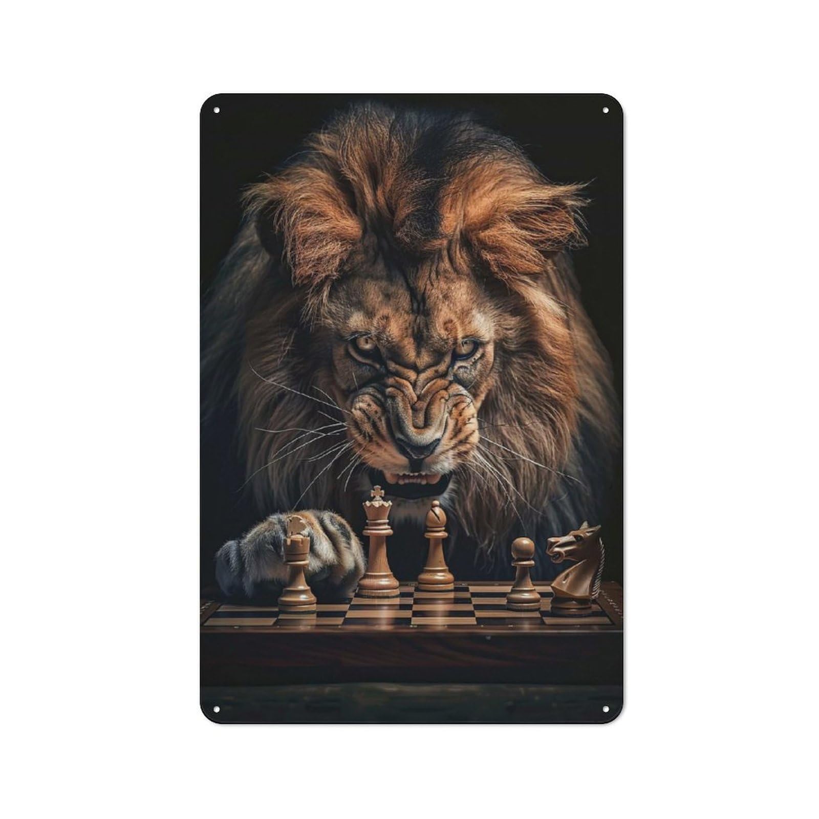 Lion Chess Vintage Metal Wall Decor 30x20cm, Garage Metal Sign for Workshop, Basement, Shed Or Games Room