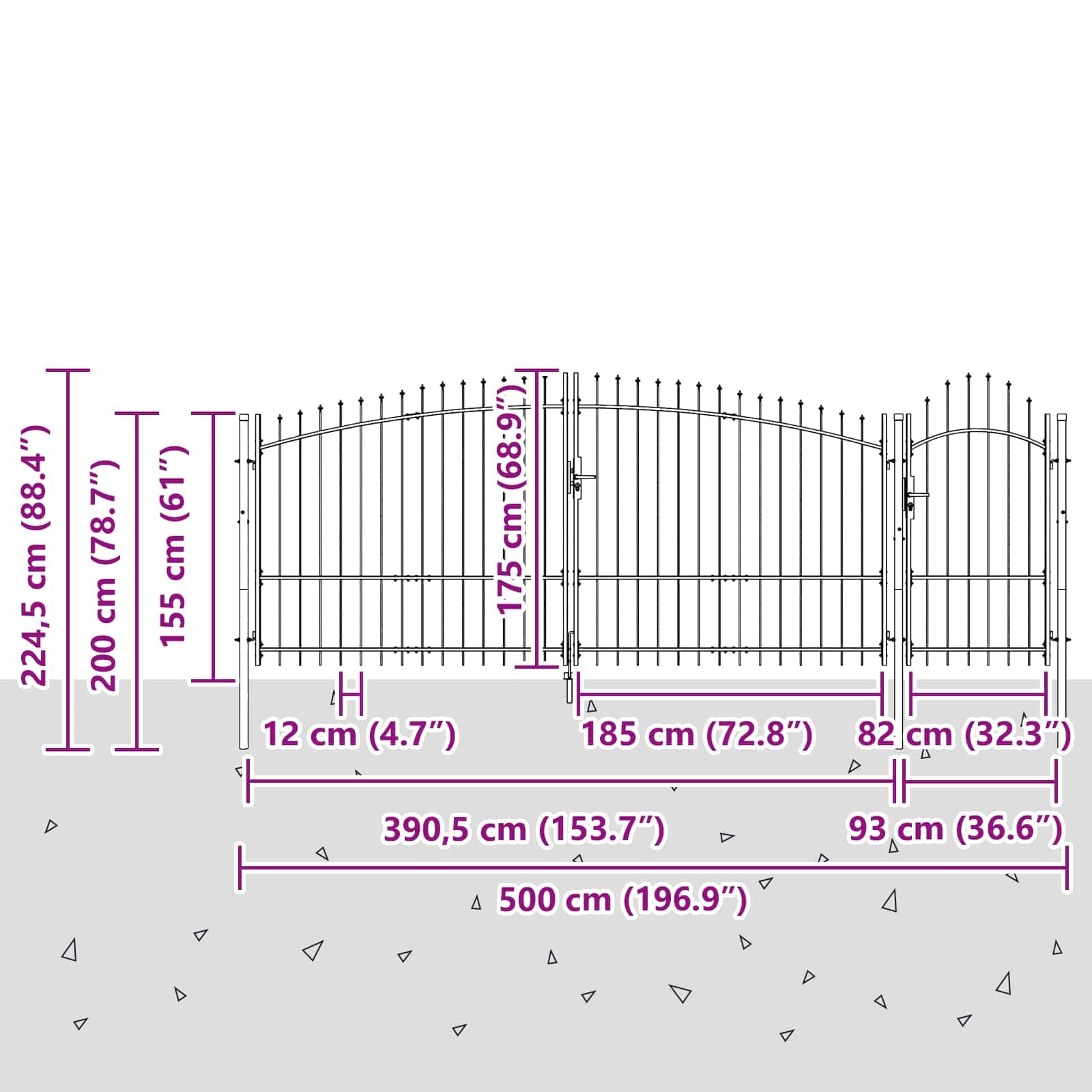 Puerta de jardín WOERDEN 195 x 500 cm, acero gris con recubrimiento de polvo, se puede cerrar con cerradura de seguridad para jardín, terraza, entrada, valla, entrada, patio, resistente y