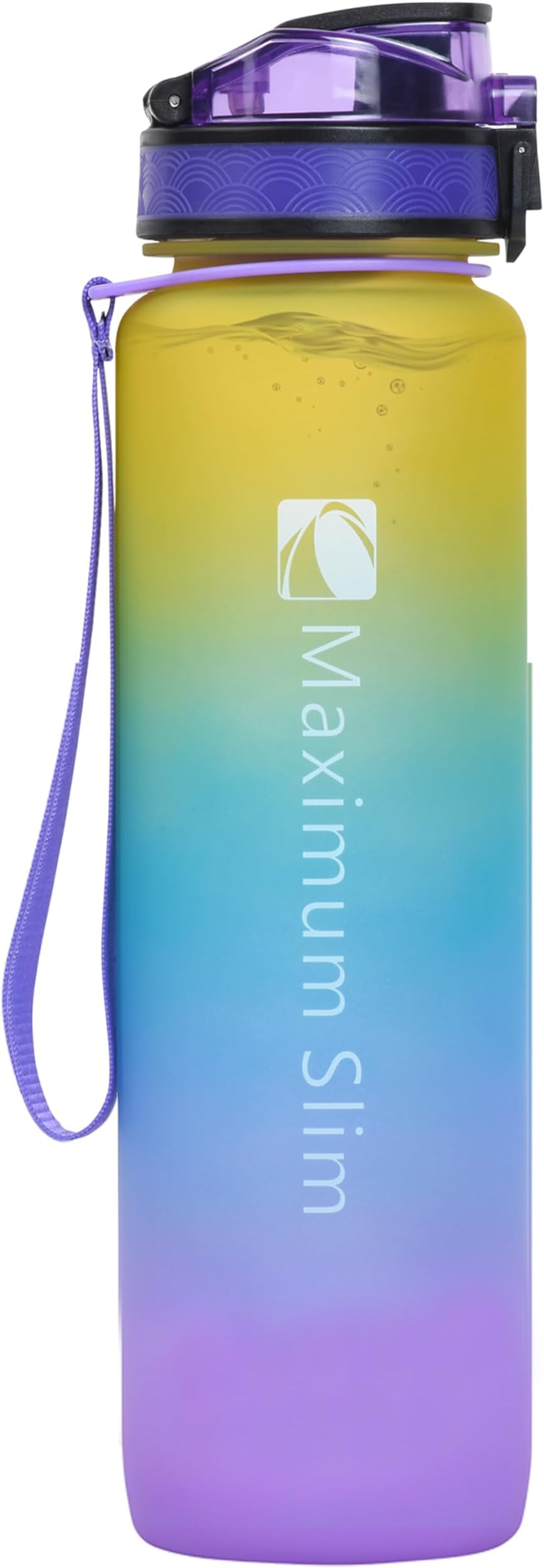 Maximum Slim Water Bottle with Time Marker, 32 oz/1000ml Motivational Water Bottle with Strainer, Reusable & BPA Free Tritan Water Bottle for Fun, Sports & Fitness (Purple)