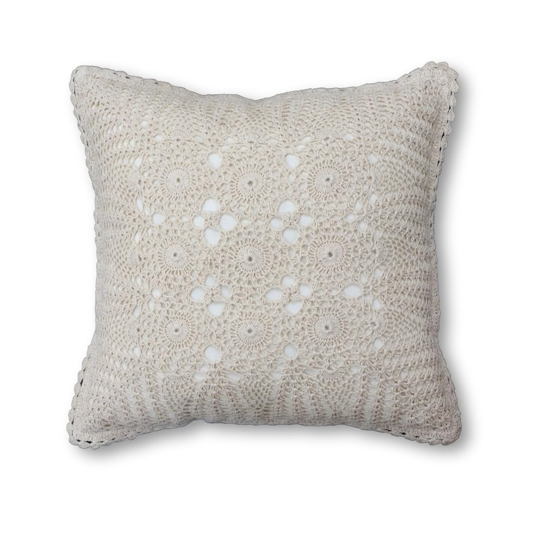 Peepul Tree Handmade Crochet Cotton Cushion Pillow Cover Boho Home Decor Abstract Pattern for Sofa Set Bed Living Room Bedroom with Back Zipper 16 x 16 Inches Off White Color Pack of 1-image-40