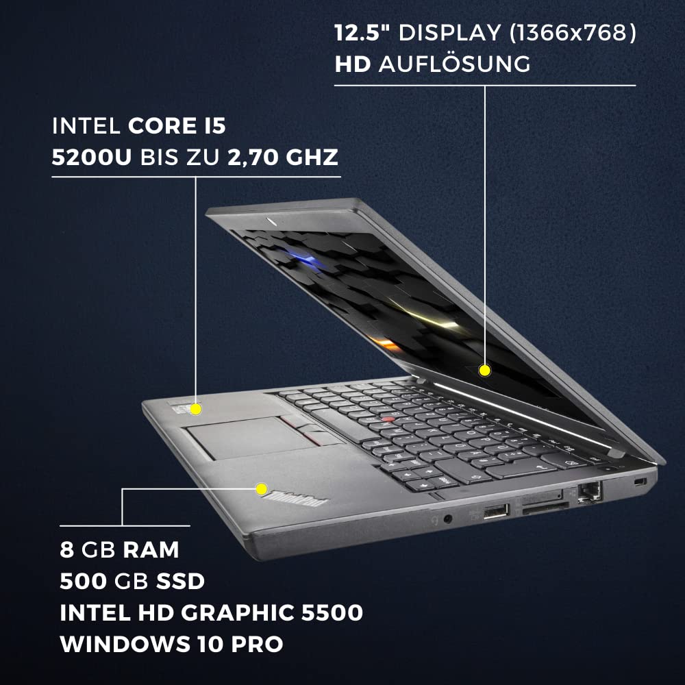 Lenovo Thinkpad X250 i5-5200U Ultraleggero, SSD da 500 GB, RAM da 8 GB, 12,5 pollici, 1366 x 768 IPS, Cam, Bluetooth, USB 3.0 (ricondizionato)