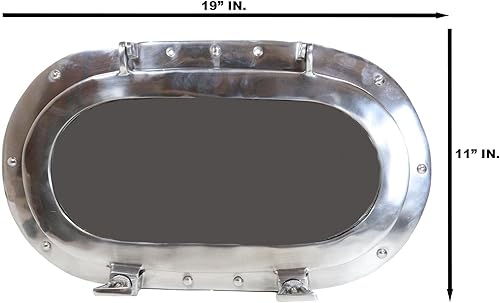 Miniatura 2 de Ebros Gift Espejo de pared plegable de aluminio pulido náutico marino ovalado ojo de buey plegable decoración de 19 pulgadas de alto océano marinero