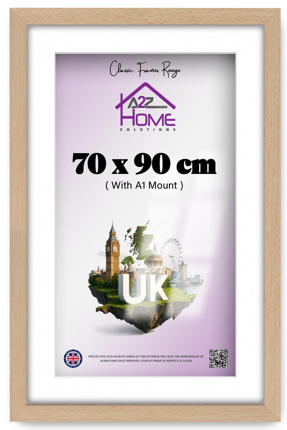 A2Z Home Solutions® Wall Photo Frame Beech 70x90 cm Frame With 80x60 cm Mount Picture Poster Print With Clear HD Perspex 30x15 MM Moulding Mounting Hooks MDF Backboard