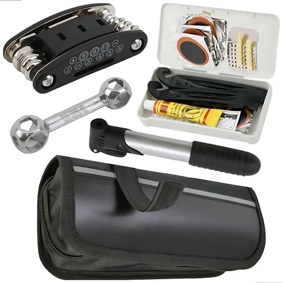 Kit Reparo para Bicicleta - Ferramentas Multifunção + Chaves + Remendo de Pneu + Cola + Mini Bomba, Manutenção e Emergências