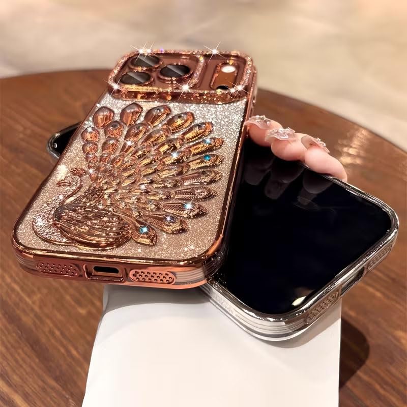 Image of mobistyle Designed for iPhone 17 Pro,3D Diamond Luxury Electroplate Glitter Peacock Tail Bling Design Camera Protection Shockproof Phone Back Cover Case for (Orange, iPhone 17 Pro)