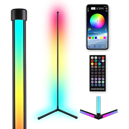 Dimmable Corner Floor Lamp,RGB Tall lamp,Music sync Mood Lighting,Color Changing LED Lights,61" Standing Lamp with Remote APP Control for Bedroom,Living Room.