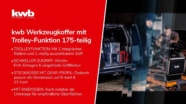 Bild 6 - kwb Werkzeugkoffer mit Trolley-Funktion, 175-teilig, gefüllt, Werkzeug im stabilem Aluminiumkoffer, Werkzeugset groß, für Heimwerker, DIYer und Handwerks-Meister, abschließbar inkl. 2 Schlüsseln