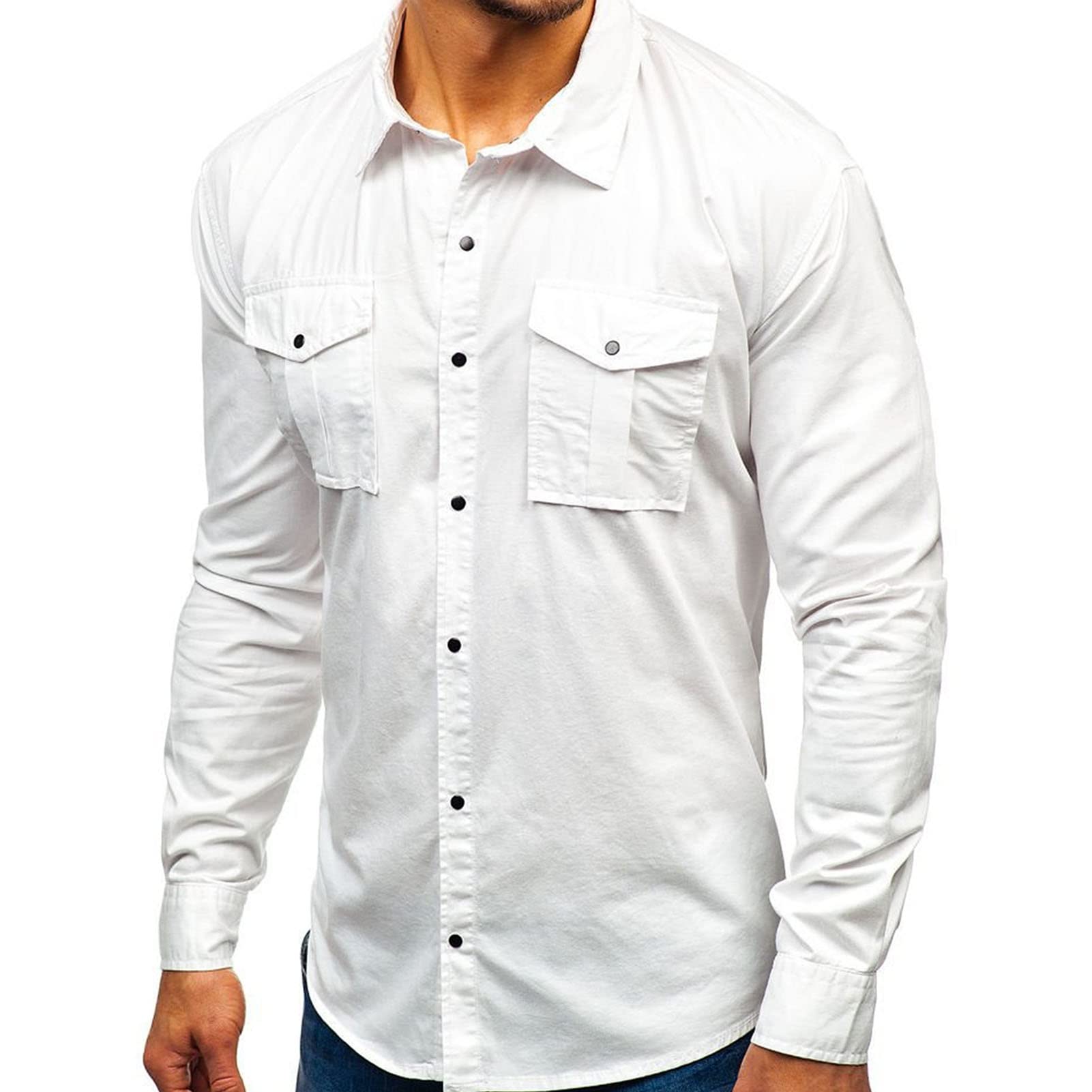 Men Long Sleeve Hiking Shirts Lightweight Tactical Button Down Cargo Shirt Solid Color Slim Fit Shirt with Pockets (White,XX-Large)