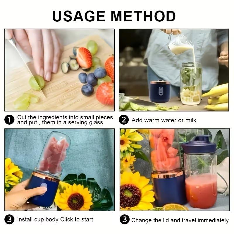 Image of Portable Blender Electric Juicers Fruit Mixers USB Rechargeable Smoothie Mini Personal Juicer 6 Blades 3Gears With 1500 Mah Rechargeable Battery-Smoothie For Kitchen A87