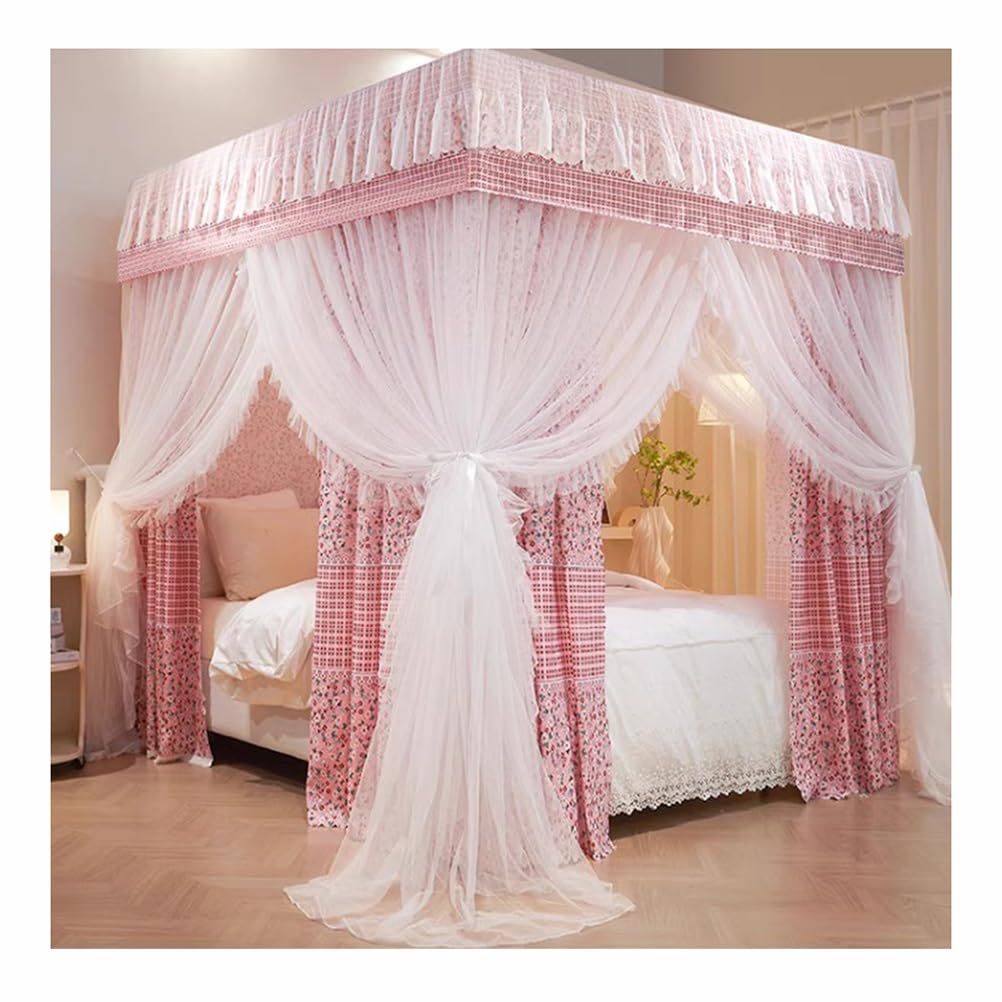 Moustiquaire à baldaquin rose avec support en métal lit carré 180x200