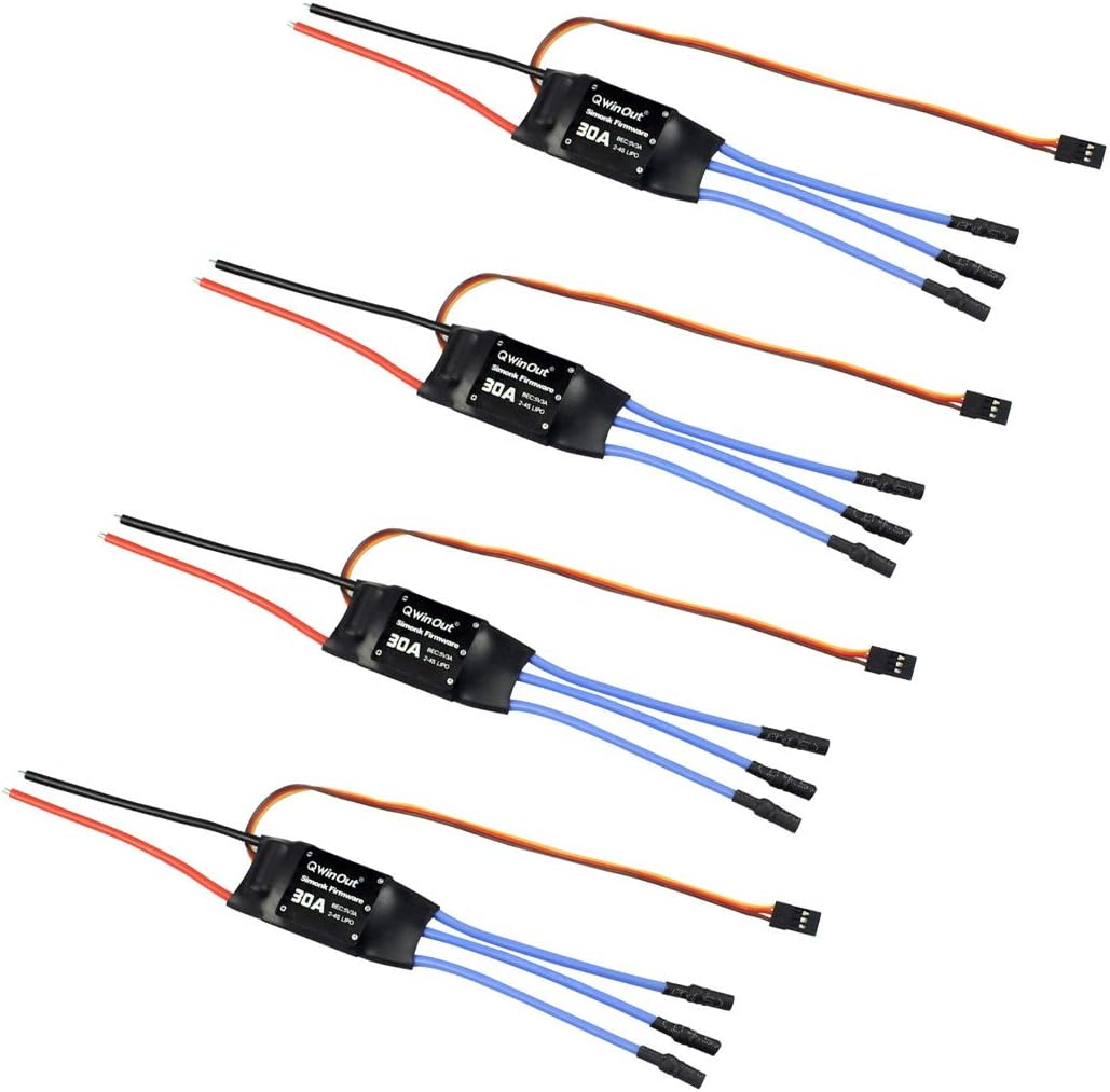 QWinOut 2-4S 30A RC Brushless ESC Simonk Firmware Electric Speed Controller with 5V 3A BEC with 3.5mm Female Banana Bullet for 2 to 4s Lipo Battery, DIY Multicopter Quadcopter (30A, 4 pcs)