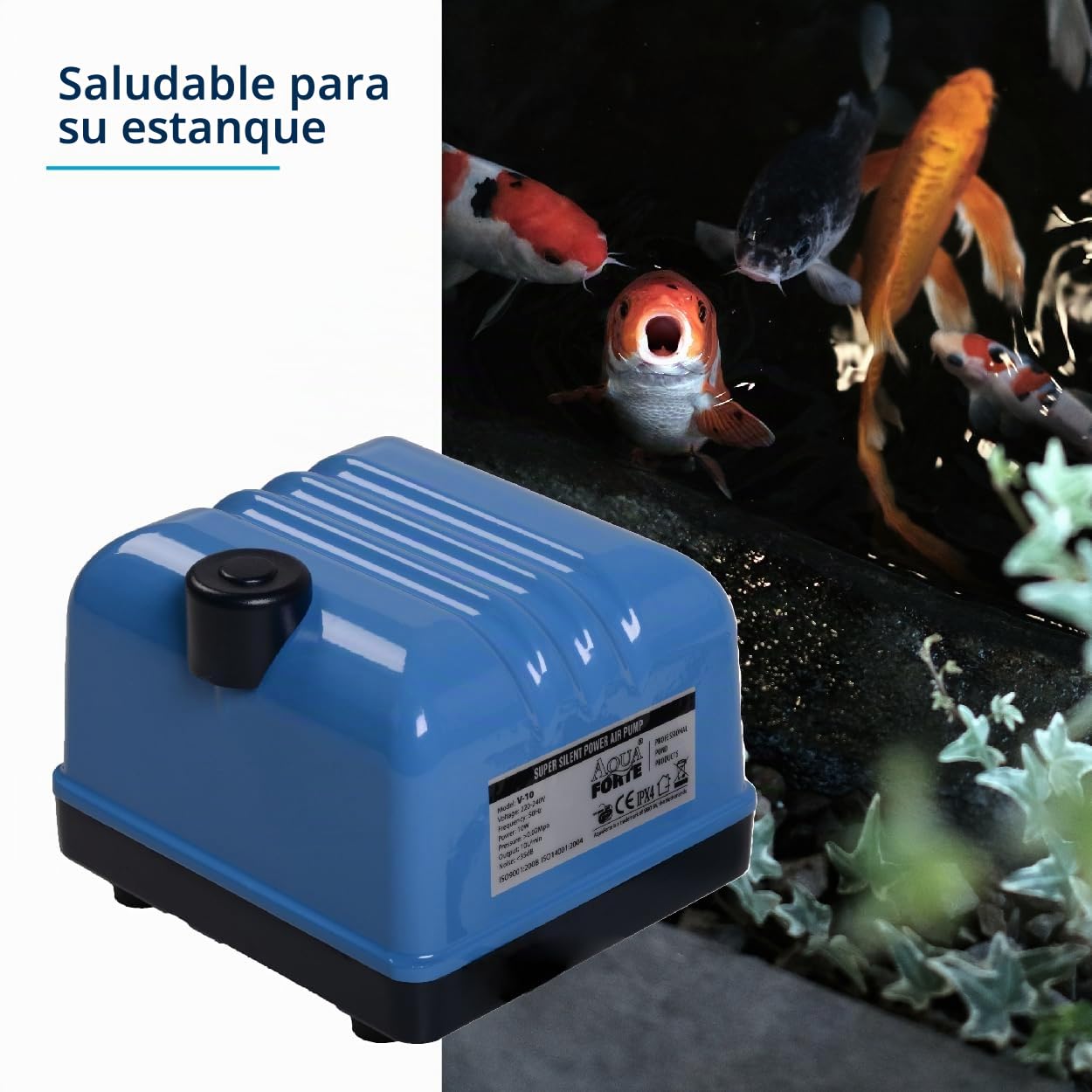 AquaForte Bomba de aire AquaForte Hi-Flow V-30, Carcasa de aluminio, Silenciosa y potente, Potencia 25 vatios, Capacidad a 2 metros 7 litros por minuto, Capacidad del estanque 18 m3, No regulable