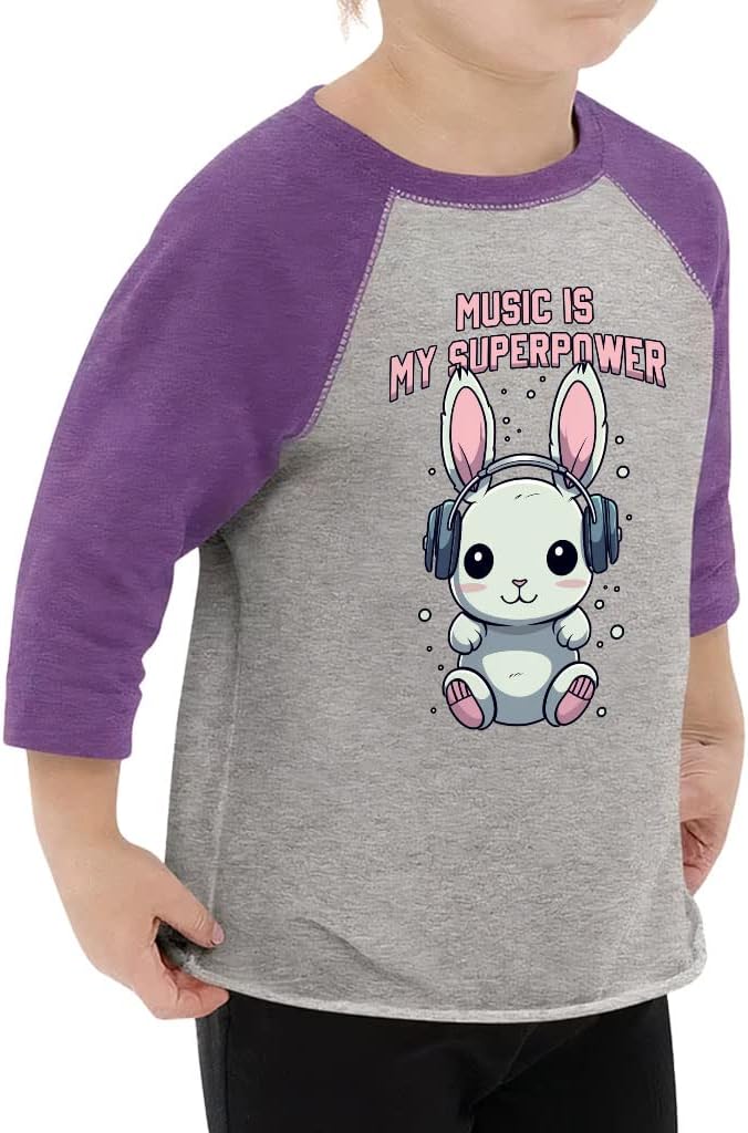 Music is My Superpower Toddler Baseball T-Shirt - Art 3/4 Sleeve T-Shirt - Rabbit Kids' Baseball Tee