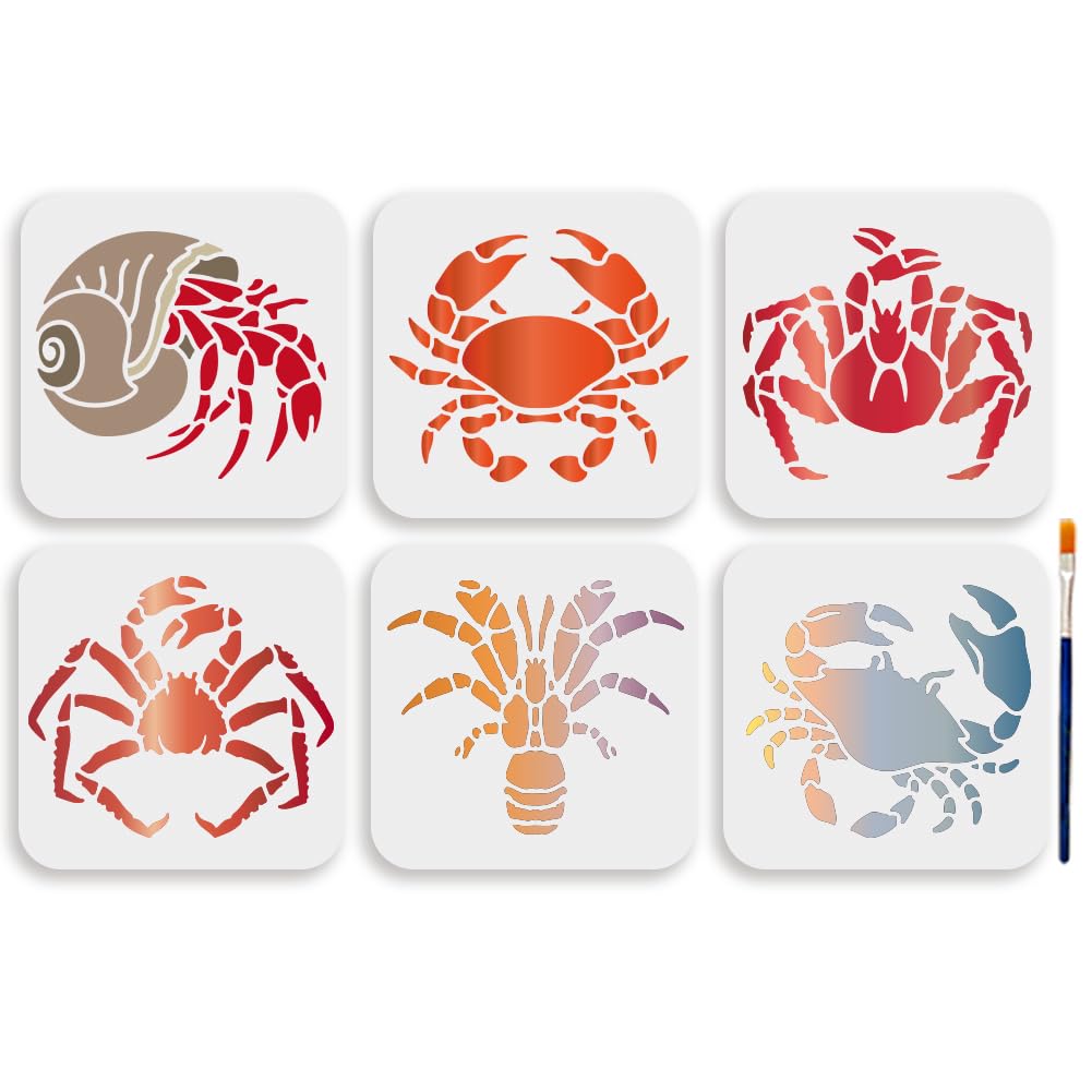 MAYJOYDIY 6Pcs Crab Painting Template 5.9x5.9inchs Reusable Ocean Animal Template Crawling Sea Creatures Stencil PET Hollowing Drawing for Craft on
