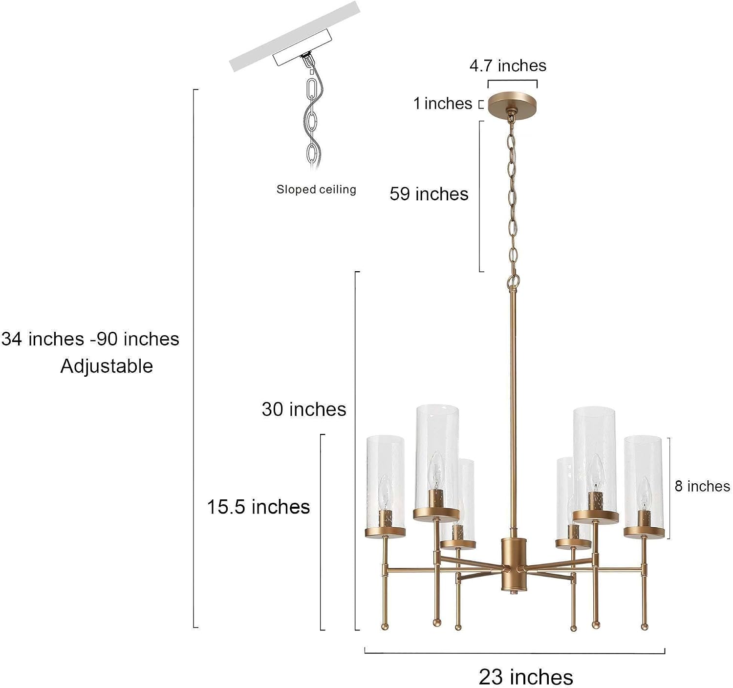 KSANA Gold Chandelier, 6-Light 23'' D Modern Chandeliers Hanging Light Fixtures with Seeded Cylinder Glass Shade for Dining Room, Living Room, Bedroom