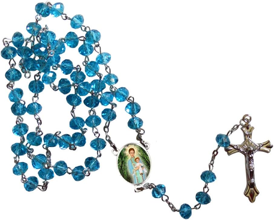 Gifts by Lulee, LLC Our Lady of La Vang Đức Mẹ La Vang Patron of Vietnamese Blue Crystal Beads Rosary with Silver Plated Crucifix and Medal Centerpiece with Color Image Includes a Prayer Card