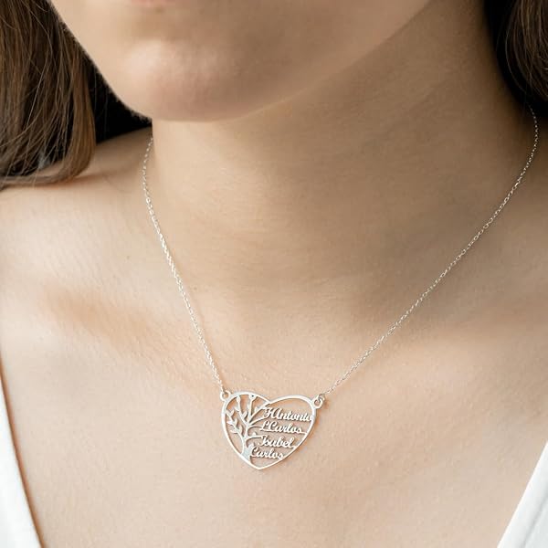 Collar Personalizable Árbol de la Vida con nombres para Mujer Personalizado, con cadena Rolo de 40cm + Alargador. Gargantilla ideal para regalar a madres o abuelas. (Corazón hasta 6 Nombres) - 3