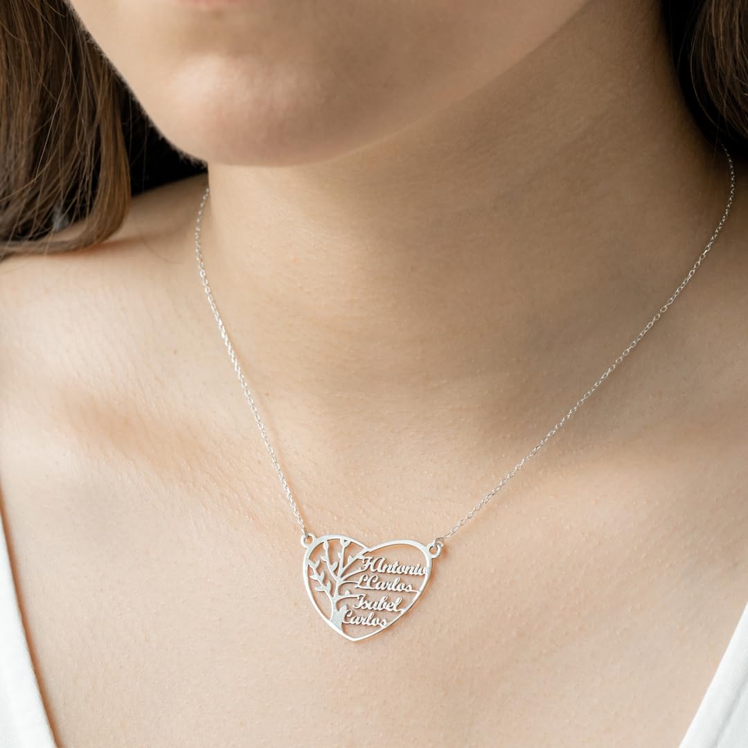 Collar Personalizable Árbol de la Vida con nombres para Mujer Personalizado, con cadena Rolo de 40cm + Alargador. Gargantilla ideal para regalar a madres o abuelas. (Corazón hasta 6 Nombres)